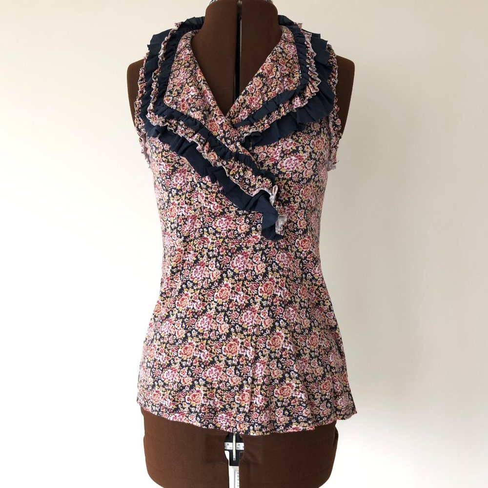 Floral Sleeveless Top with Ruffle Trim Collar